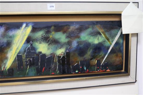 Two large enamel on copper plaques The Blitz near St Pauls with Searchlights and A Country Fair with Marquee & Procession, 30 x 92